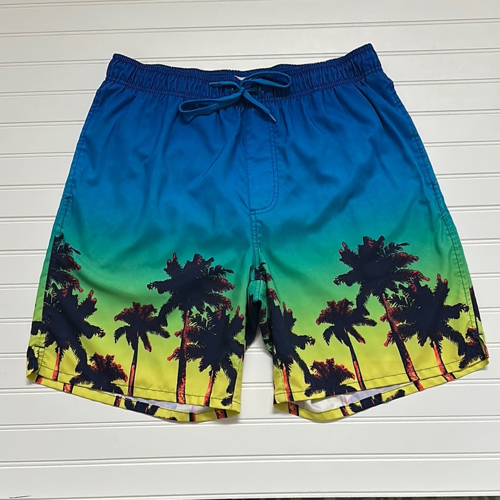 Old Navy Blue & Yellow Swimsuit w/ Palm Trees Boys Large